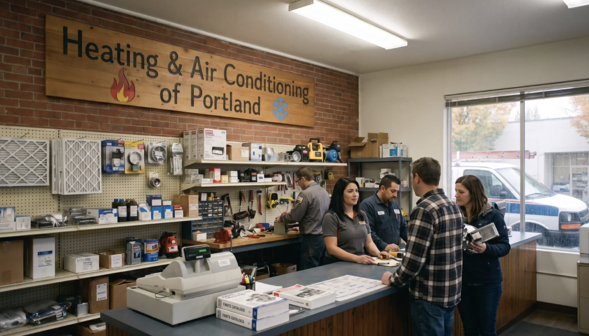 Inside the Heating & Air Conditioning of Portland parts counter, staff helping customers under the shop's wooden sign